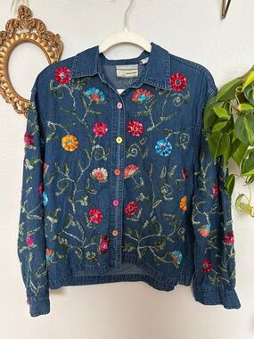 Vintage Embroidered Denim Jacket - Blue Floral